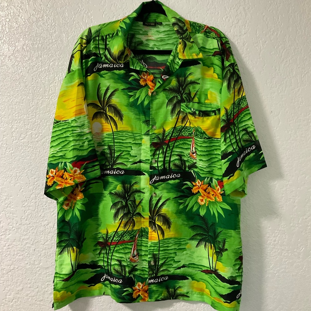 Green and Yellow Casual Button Down Shirt with Tropical Print